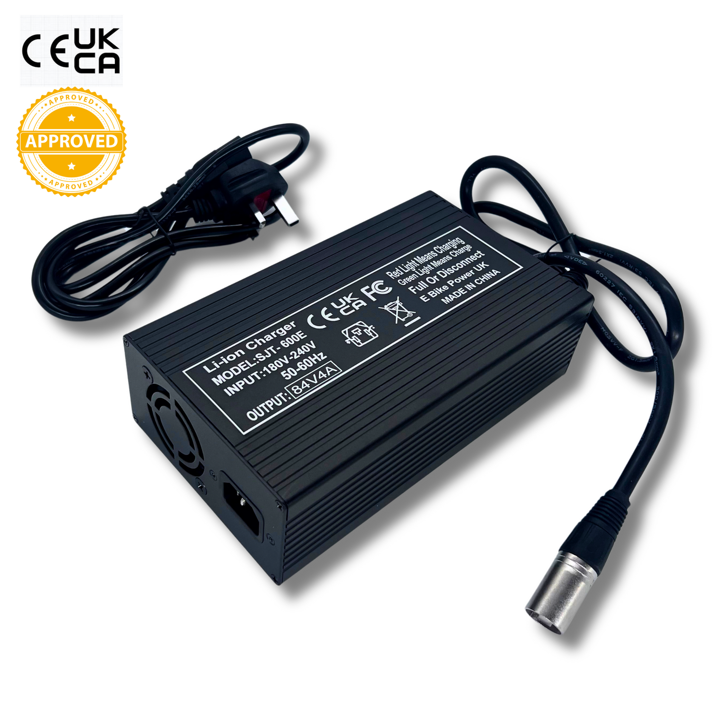 72V/84V E Bike Battery Charger 4A XLR Plug, UK Plug, Fan Cooled, Aluminium Body, Black Finish