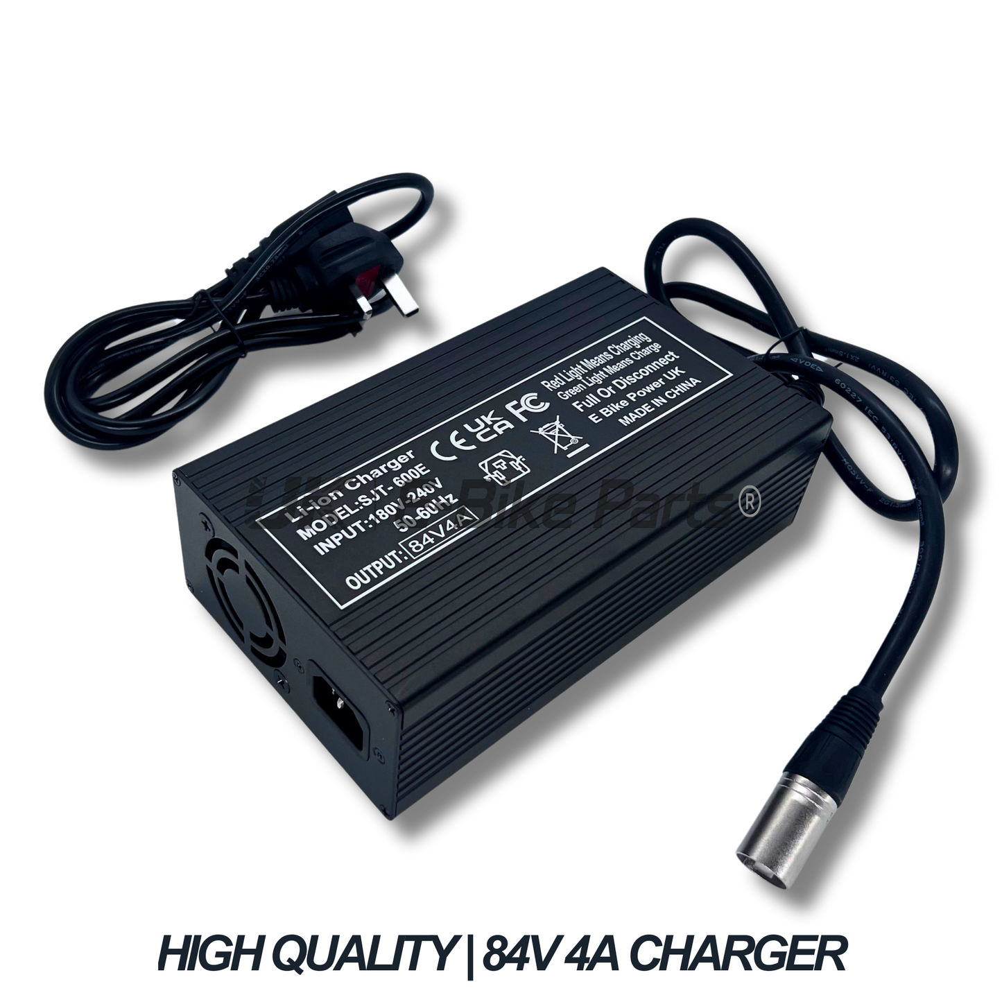 72V/84V E Bike Battery Charger 4A XLR Plug, UK Plug, Fan Cooled, Aluminium Body, Black Finish