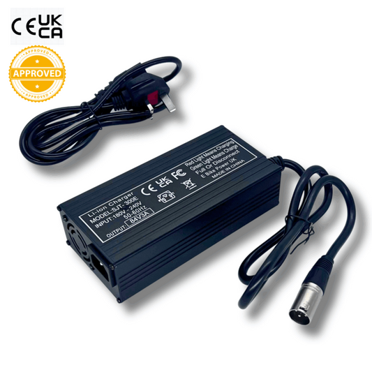 72V/84V E Bike Battery Charger 3A XLR Plug, UK Plug, Fan Cooled, Aluminium Body, Black Finish