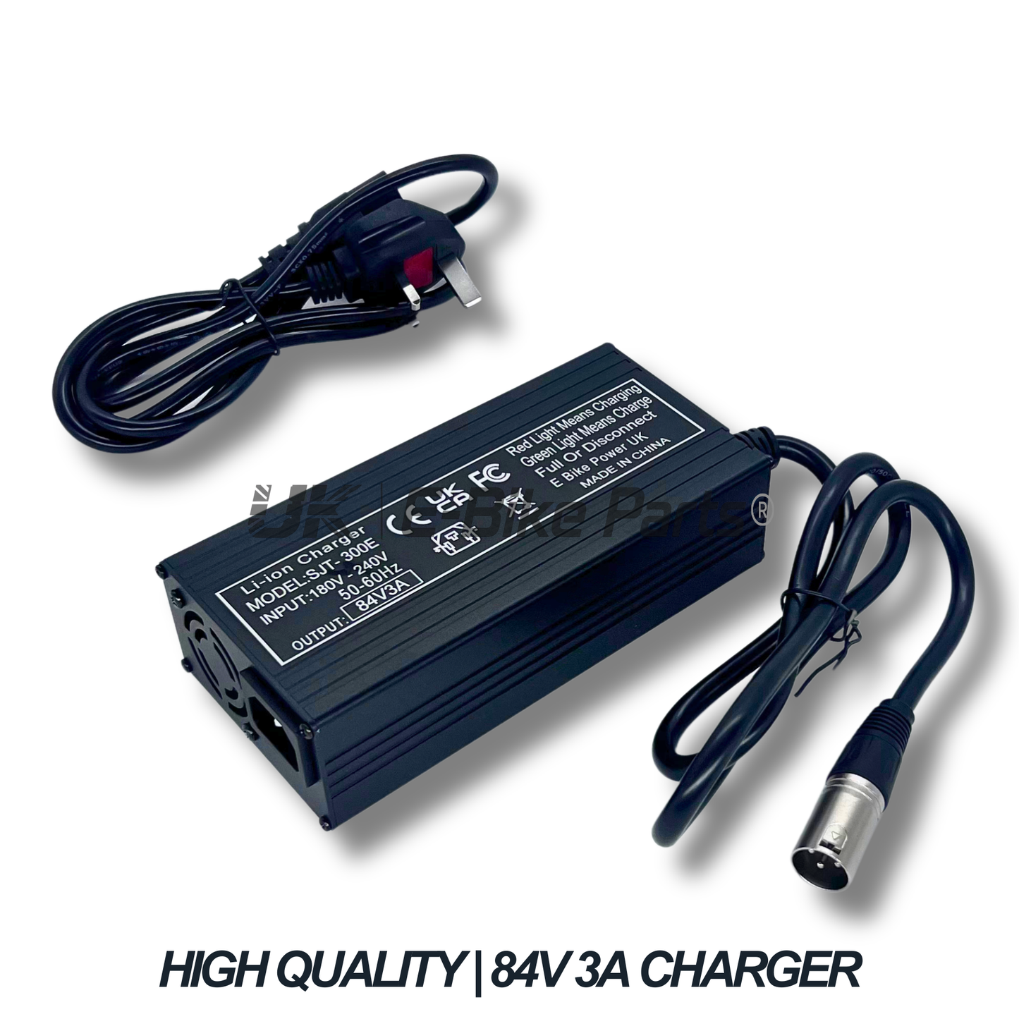 72V/84V E Bike Battery Charger 3A XLR Plug, UK Plug, Fan Cooled, Aluminium Body, Black Finish