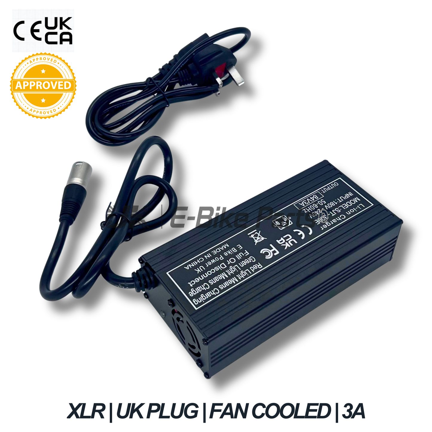 72V/84V E Bike Battery Charger 3A XLR Plug, UK Plug, Fan Cooled, Aluminium Body, Black Finish