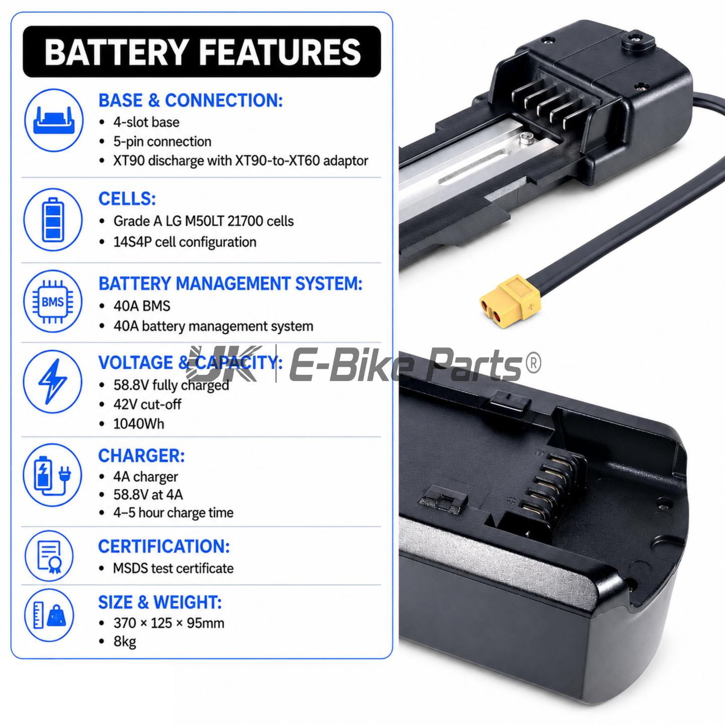 E Bike Battery Lithium 40A 50A BMS, LG 52V 20AH High Power Small & Compact,
