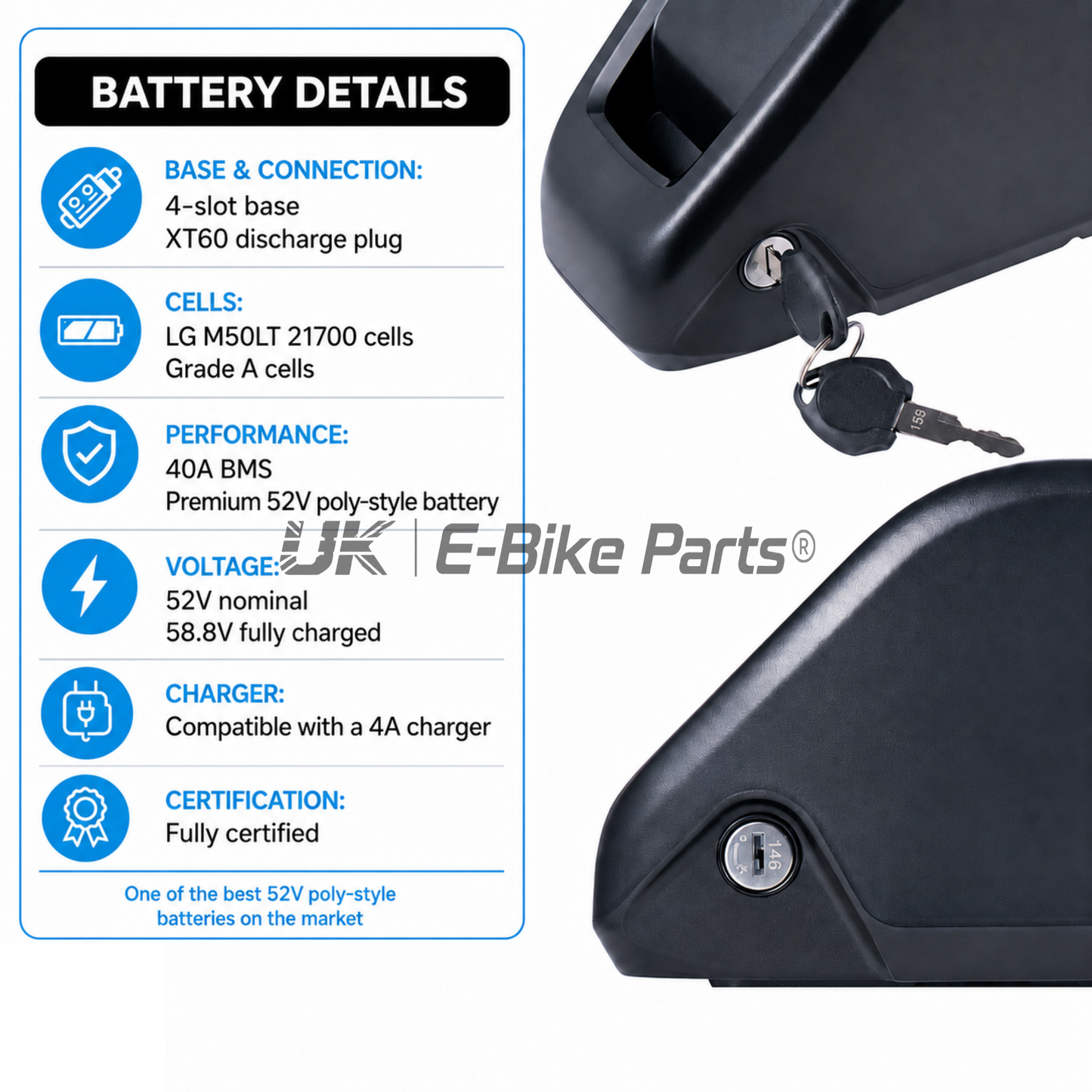 E Bike Battery Lithium 40A 50A BMS, LG 52V 20AH High Power Small & Compact,