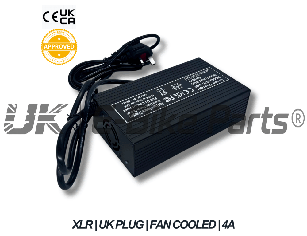72V/84V E Bike Battery Charger 4A XLR Plug, UK Plug, Fan Cooled, Aluminium Body, Black Finish