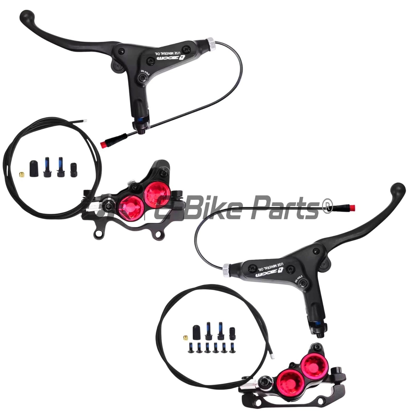 ZOOM 893E 4 Piston Hydraulic Brake Set Pre-Bled Left Right E-Bike + Sensors Black\Red & Black on Black