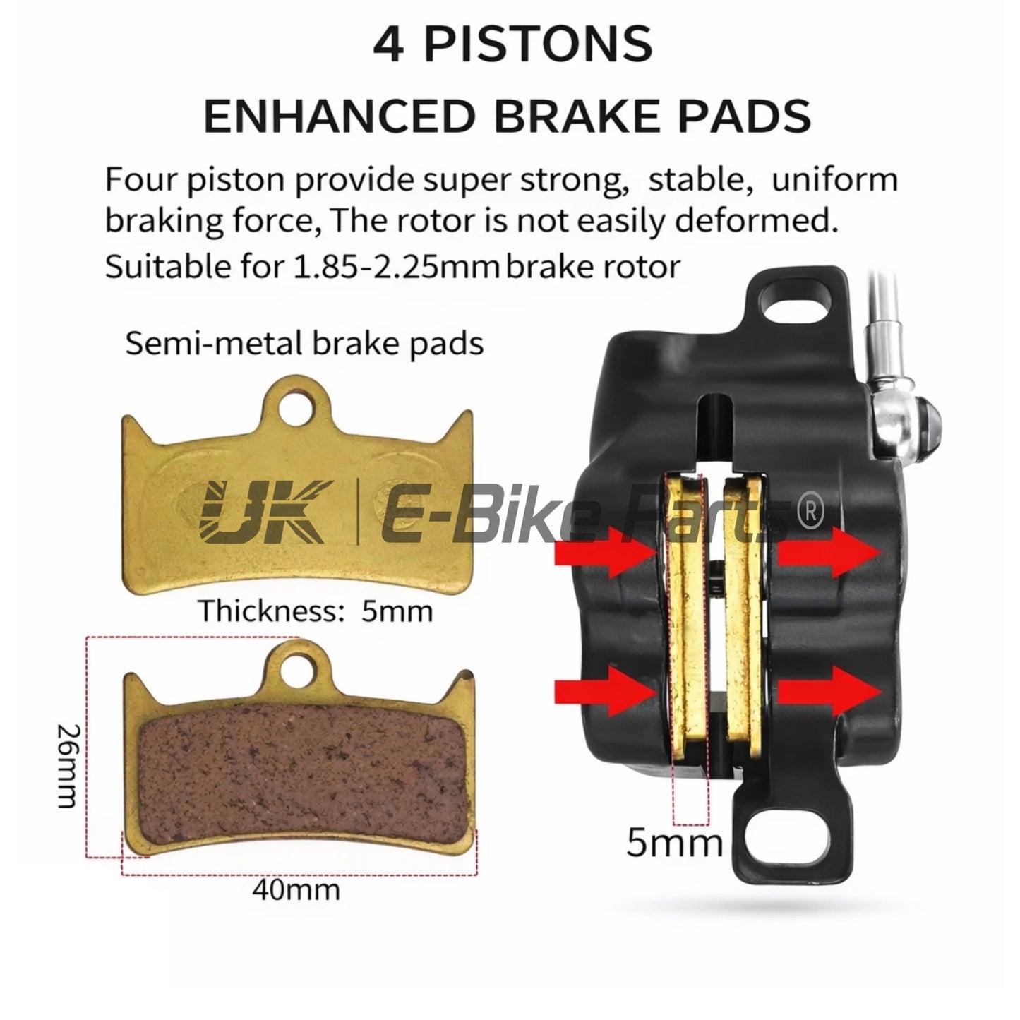ZOOM 893E 4 Piston Hydraulic Brake Set Pre-Bled Left Right E-Bike + Sensors Black\Red & Black on Black