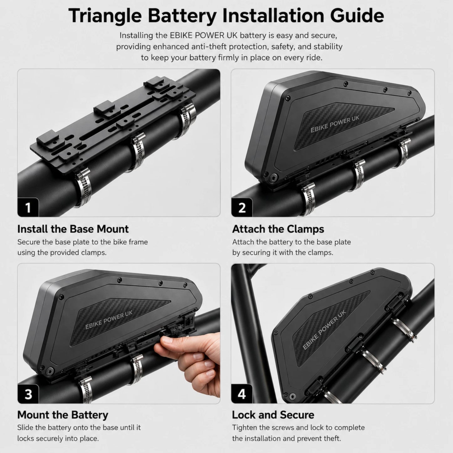 52V Triangle Downtube Electric Bike Battery 25Ah LG MLT Cells 250W-3000W UKCA